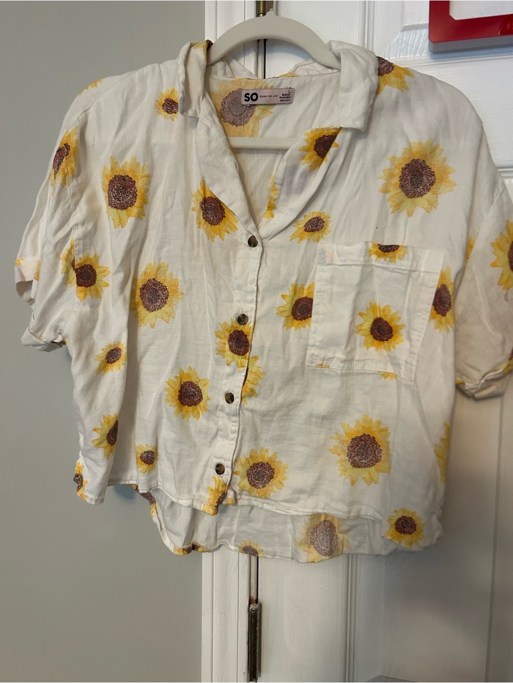 SO White Button-Down Shirt with Yellow Sunflower Print